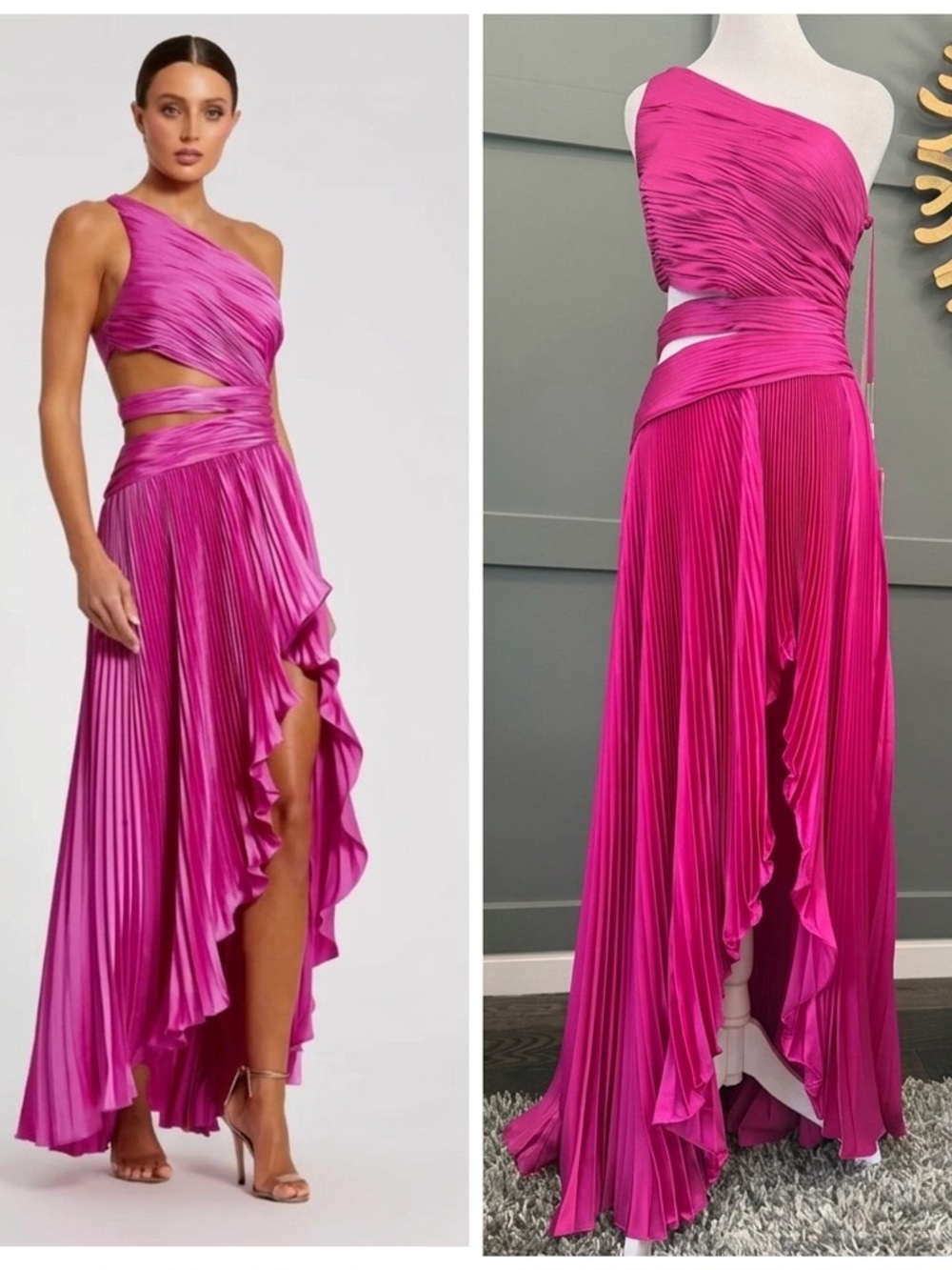 NWT MAC DUGGAL 49837 Fuchsia One Shoulder Pleated  Gown with Slit SIZE 6